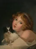 Mädchen mit blauem Haarband und Hund by Jacques Barthélémy Delamarre, oil on canvas, sold Dec 2023