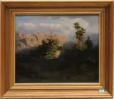 Gebirge mit knorrigen Bäumen by Julius Bakof, oil on panel, sold Dec 2023