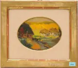 Kleine Landschaft mit Häusern by Emmanuel Mané-Katz, oil on panel, sold Dec 2023
