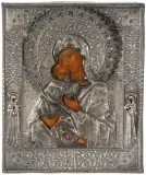 Russisch, Mitte 19.Jh by Gottesmutter von Wladimir mit Silberoklad, tempera, sold Dec 2023