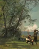 Paysans au Lac Léman by Albert Lugardon, oil on board, offered Dec 2023