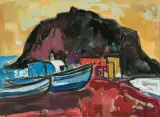 Boote vor Dorf am Fels by Carl Walter Liner, gouache, offered Dec 2023