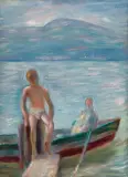 Am Zürichsee mit Sicht auf den Etzel by Hermann Huber, oil on canvas, sold Dec 2023