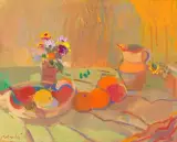 Stillleben mit Krug und Früchten by Constantin Polastri, oil on canvas, offered Dec 2023