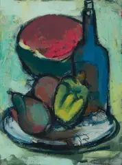 Stillleben mit Melone und Flasche by Mario Comensoli, oil on board, offered Dec 2023
