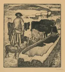 Le troupeau à l'abreuvoir by Edouard Vallet, 1913, drypoint, sold Dec 2023