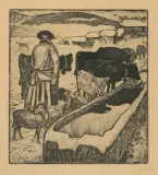 Le troupeau à l'abreuvoir by Edouard Vallet, 1913, drypoint, sold Dec 2023