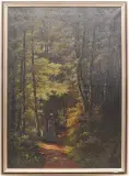 Mutter und ihre beiden Töchter beim Spaziergang durch den Wald by Karl Wymann, oil on canvas, sold Dec 2023