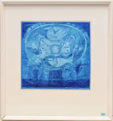 Komposition in Blau by Hans Rudolf Strupler, mixed media, sold Dec 2023