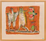 Voliere vor rot by Alois Carigiet, 1962, color lithograph, offered Dec 2023