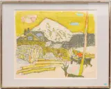 Engadiner Landschaft by Alois Carigiet, 1965, color lithograph, sold Dec 2023