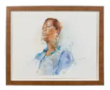 Untitled by Charles Reid, watercolor bust-length portrait of a woman wearing a blue shirt and hoop earrings, sold Jan 2023