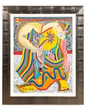 Untitled by Christian Ruiz, oil on canvas of an abstracted figure with mixed media elements, sold Jan 2023