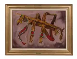 Apache Armor" or "Kiowa Mountain Lion Bow And Quiver" - by Thomas E. Mail, oil on panel, sold Feb 2023