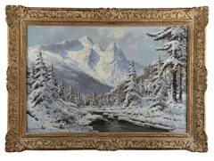 Winter landscape painting depicting snow covered mountains and trees by László Neogrády, oil on canvas, sold Mar 2025