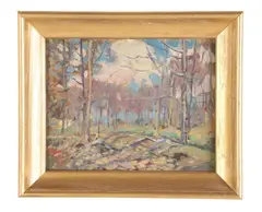 landscape painting "Woodlands by Whitney Hubbard, oil on board, sold Mar 2025