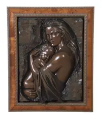 relief sculpture "Tenderness" depicting a mother and child by Bill Mack, bronze, sold Mar 2025