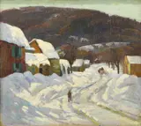 Untitled (Snowfall on a Village) by Aldro Thompson Hibbard, oil on canvas (laid down on board), sold Jul 2022