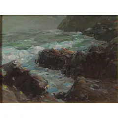 Untitled (Seashore) by Karl Schmidt, oil on sheet metal, sold Jul 2022