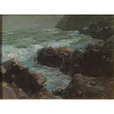 Untitled (Seashore) by Karl Schmidt, oil on sheet metal, sold Jul 2022