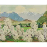 Flowering Trees with Mountains Beyond by Frederick Almond Zimmerman, oil on board, sold Jul 2022