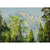 Trees with Mountains Beyond by Agnes Lawrence Pelton, oil on board, sold Jul 2022