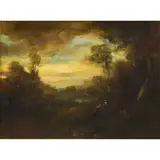 Untitled (Figures in a Clearing) by Benigino Yamero Ruiz, oil on board, sold Jul 2022