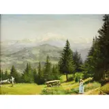 Woman on a Path with Mountains Beyond by Thomas Hill, oil on canvas board, sold Jul 2022