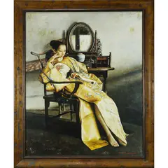 Women with Fan in Chair by Lu Jian Jun, giclee with embellishments, sold Jul 2022