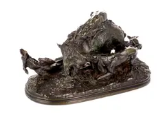 Boar attacked by four hounds by Pierre-Jules Mêne, bronze, sold Dec 2023