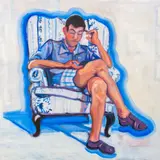 Man on Mobile Phone by Fran Wolok, Acrylic on Wood Board, sold Jun 2024