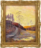 Untitled by Emma Ruth, oil on artist’s board of a wooded country road at dawn, sold Feb 2023