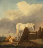 Schimmel und zwei Schafe in einer Landschaft by Adriaen van de Velde, 1658, oil on panel, offered Sep 2023