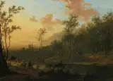 in der Art Landschaft mit Jägern am Fluss by Frederik de Moucheron, oil on canvas, sold Sep 2023