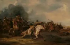 zugeschrieben Reitergefecht by Jan Jacobsz. van der Stoffe, oil on panel, offered Sep 2023