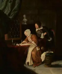 Kopie aus der Mitte d by Gabriel Metsu, oil on panel, offered Sep 2023