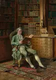 Bibliothek mit sitzendem, lesendem Herrn by Johann Hamza, oil on panel, sold Sep 2023