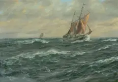 Stürmische See mit zwei Fischerbooten by Patrick von Kalckreuth, oil on canvas, sold Sep 2023