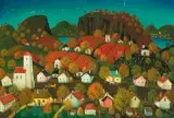 Ansicht eines Dorfes by István Pekáry, 1977, oil on canvas, sold Sep 2023