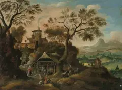in der Art Gebirgslandschaft mit Hirten und Bauern by Pieter Bout, oil on panel, offered Sep 2023