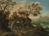 in der Art Gebirgslandschaft mit Hirten und Bauern by Pieter Bout, oil on panel, offered Sep 2023