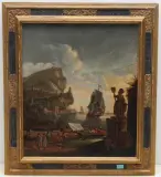 Hafenszene mit Staffage und Schiffen by Holland, um 1700, oil on panel, sold Sep 2023