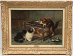 Jeunes chats et aquarium by Léon Huber, oil on canvas, sold Sep 2023
