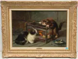 Jeunes chats et aquarium by Léon Huber, oil on canvas, sold Sep 2023