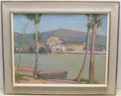 Landschaft mit Fluss und Booten by Raffaele De Grada, oil on canvas, sold Sep 2023