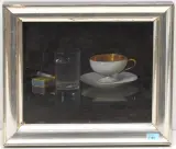 Stillleben mit Teetasse, Wasserglas und Zigarette by Jolán Szilágyi, oil on board, sold Sep 2023