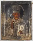 Russisch, um 1910 by Hl. Nikolaus mit Silberoklad, tempera, sold Sep 2023