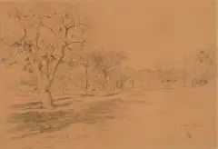 Landschaft mit zahlreichen Obstbäumen auf weiter Wiesenfläche by Albert Anker, 1898, chalk, offered Sep 2023