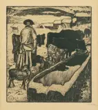 Le troupeau à l'abreuvoir by Edouard Vallet, 1913, drypoint, sold Sep 2023