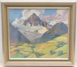 Frühlingslandschaft mit Ansicht des Bietschhorn (Studie) by Hans Beat Wieland, oil on canvas, offered Sep 2023